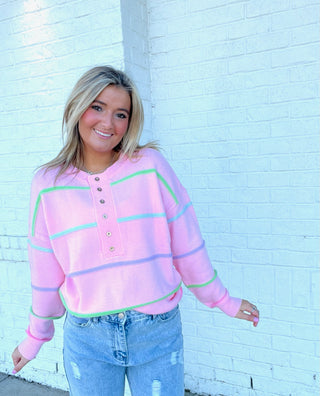 Pink Striped Sweater- BIRTHDAY SWEATER, clothing, Curvy, fuzzy sweater, oversized sweater, pastels, pink sweater, plus size sweater, Stripe, STRIPED, SWEATER, sweater top, sweaters, Tops-Ace of Grace Women's Boutique