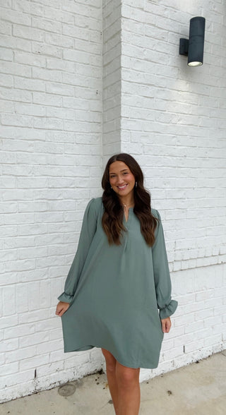 Long Sleeve Dress with Collared Neck- blue dress, church dress, clothing, COLLARED DRESS, Curvy, dress, dresses & rompers, Dressy, FALL, fall clothes, flowy dress, GREEN DRESS, GREEN PLUS SIZE DRESS, NAVY, Navy blue, olive, plus size dress, WOMENS DRESS, WOVEN-Green-S-Ace of Grace Women's Boutique