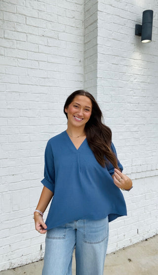 Blue V-neck Puff Sleeve Top- blue, blue top, clothing, Curvy, FALL, fall clothes, fall transition, loose fit, Perfect for work, PUFF, PUFF SLEEVE, puff sleeves, Tops, work, WORK SHIRT, WORK TOP-Ace of Grace Women's Boutique