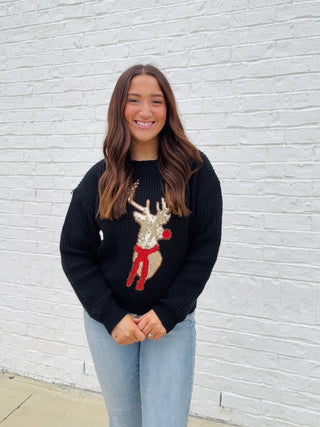 Black Reindeer Sweater- CHRISTMAS, CHRISTMAS CHEER, Christmas Longsleeve, CHRISTMAS SHIRT, christmas sweatshirt, Christmas tee, christmas top, clothing, Curvy, holiday, HOLIDAYS, MERRY CHRISTMAS, REINDEER, reindeer shirt, RUDOLPH, Rudopl, Seasonal, Tops-Ace of Grace Women's Boutique