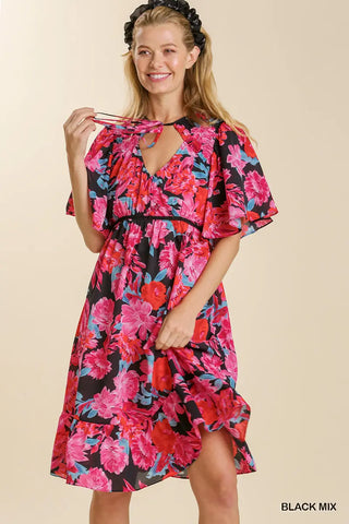 Floral Print Front Tie Lace Trim Dress- church dress,clothing,colorful dress,Curvy,dress,dresses & rompers,Dressy,floral dress,flowy dress,mini dress,plus size dress,summer dress,tiered dress-Ace of Grace Women's Boutique