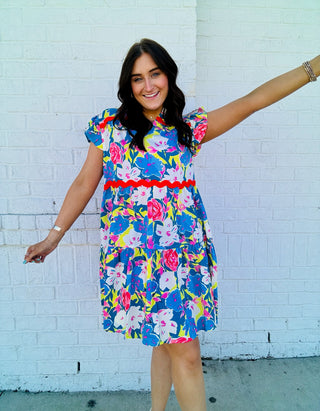 Blue Floral Dress with Ric Rac Trim- church dress,clothing,Curvy,dresses & rompers,Easter,Easter dress,floral,floral dress,floral pattern,floral print,florals,PLUS,Ric rac,SPRING,Spring dress-Ace of Grace Women's Boutique