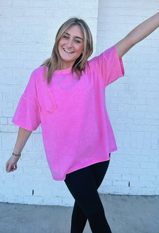 Hot Pink Classic Mineral Washed Tee- clothing, Curvy, LIGHT PINK, pink, pink top, Tops-Ace of Grace Women's Boutique