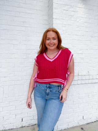 Red & Pink Bow Sweater Vest- BOW, Bow detail, BOWS, clothing, heart sweater, pink sweater, RED SWEATER, ribbon, Ribbons, Seasonal, SWEATER, sweater top, SWEATER VEST, sweaters, Tops, VALENTINE, Valentine Collection, valentine pullover, VALENTINES, valentines sweatshirt, VALENTINES TOP-Ace of Grace Women's Boutique