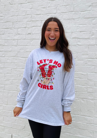 Let’s HO Girls Long sleeve T-Shirt- BOOTS, CHRISTMAS, CHRISTMAS CHEER, CHRISTMAS GRAPHIC TEE, Christmas Longsleeve, CHRISTMAS SHIRT, christmas sweatshirt, Christmas tee, christmas top, Christmas tshirt, Christmass tree, clothing, Funny, Ho, Lights, MERRY CHRISTMAS, MERRY CHRISTMAS Y’ALL, Sale, Santa, Seasonal, Tops-Ace of Grace Women's Boutique