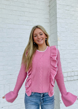 Cable Knit Ruffle Sweater- bow sweater, clothing, cream sweater, fuzzy sweater, knit sweater, LIGHT PINK, pink, pink sweater, pink top, RUFFLE SWEATER, RUFFLE TOP, ruffled, RUFFLED SWEATER, RUFFLES, SWEATER, sweater top, sweaters, Tops, white sweater-Ace of Grace Women's Boutique