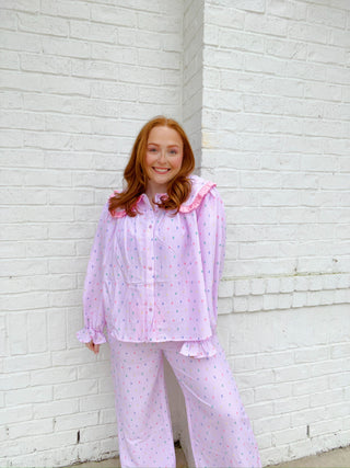 Ruffle Pajama Set- clothing, lounge, LOUNGE SET, Loungewear, MATCHING, MATCHING SET, pajama pants, pajama set, pajama top, pajamas, RUFFLE, ruffle set, ruffle sleeves, RUFFLE TOP, ruffled, ruffled bottoms, RUFFLES, Seasonal, Sets, sleep, SLEEP PANTS, SLEEP SET, VALENTINE, valentine pjs, VALENTINES-Ace of Grace Women's Boutique