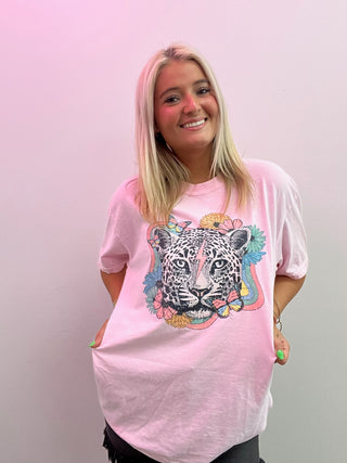 Pink Floral Leopard Graphic Tee- Curvy, graphic, LEOPARD, leopard graphic tee, LEOPARD PRINT, Tops-Ace of Grace Women's Boutique