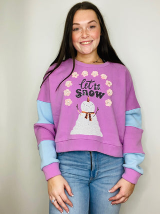 Let It Snow Cropped Color Block Sleeve Pullover- CHRISTMAS,Christmas Longsleeve,CHRISTMAS SHIRT,christmas sweatshirt,clothing,FALL,fall clothes,holiday,HOLIDAYS,let it snow,MERRY CHRISTMAS,outerwear,Seasonal,snow,sparkle season,Tops,winter-Ace of Grace Women's Boutique