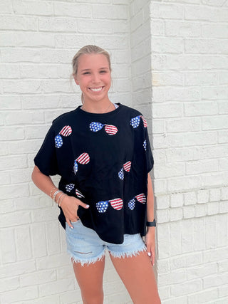 Patriotic Sunglasses Embellished Top- 4th of july,AMERICAN FLAG,Festive,Flag,flag tee,holiday,HOLIDAYS,July,July 4,July 4th,oversized,patriotic,RED,Seasonal,sunglasses,Toos,Tops-Ace of Grace Women's Boutique