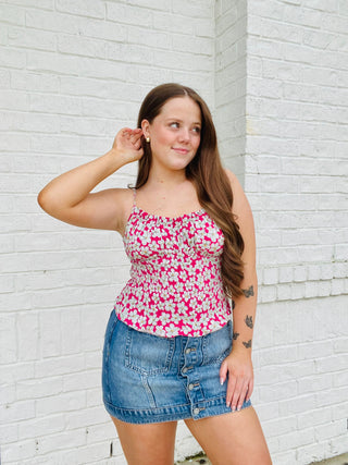 Pink Floral Runched Tank- clothing,NEW,summer tank,tank top,Tops-Ace of Grace Women's Boutique