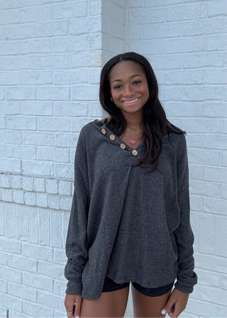 Charcoal Ribbed Button Henley Top- Curvy,FALL,fall clothes,fall transition,Henley,ribbed,Tops-Ace of Grace Women's Boutique