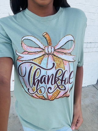 Green Thankful Pumpkin Graphic Tee - LAST ONE (2X)- clothing,Curvy,graphic,graphic T-shirt,GRAPHIC TEE,Graphic Tees,graphic tshirt,plus size graphic tee,Seasonal,thanksgiving,thanksgiving shirt,Tops-Ace of Grace Women's Boutique