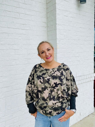 Camouflage Top with Contrast Cuffs & Thumb Opening- camo,camo shirt,camo top,Camouflage,Curvy,fuzzy sweater,PLUS,plus size,plus size graphic tee,plus size sweatshirt,PLUS SIZE TEE,PLUS SIZE TOP,plus sizes,plus sweatshirt,SWEATER,sweater top,Tops-Ace of Grace Women's Boutique