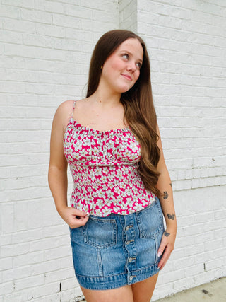 Pink Floral Runched Tank- clothing,NEW,summer tank,tank top,Tops-Ace of Grace Women's Boutique