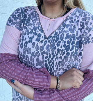 Mauve Ribbed Sleeve Leopard Top- CHEETAH,Curvy,LEOPARD,PLUS,Tops-Ace of Grace Women's Boutique