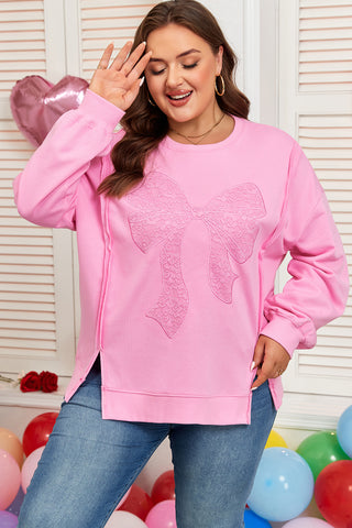 Pink Lace Bow Embroidered Sweatshirt-Plus Size/Plus Size Sweatshirts & Hoodies- All In Stock,BOW,Bow detail,Color Pink,Craft Embroidery,curv,Curvy,Detail Bow,Hot picks,Occasion Daily,PLUS,plus size,Season Fall & Autumn,Style Southern Belle,Tops-Ace of Grace Women's Boutique