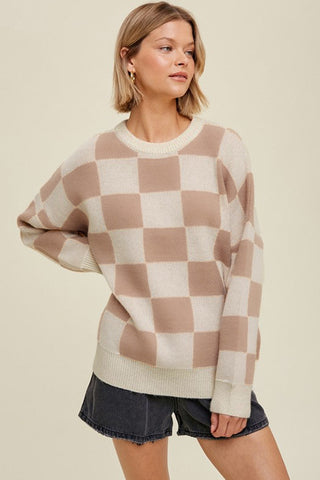 Parchment Checkered Pattern Ribbed Trim Knit Baggy Sweater-Sweaters & Cardigans/Sweaters- Best Sellers,Color Khaki,Occasion Daily,Print Checkered,Season Fall & Autumn,Style Casual-Ace of Grace Women's Boutique