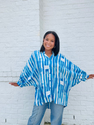 Blue Geometric Dolman Top- beach,Boxy,clothing,Dolman,floral,GEOMETRIC,oversized,OVERSIZED TEE,OVERSIZED TOP,Perfect for work,summer,Tops,work,WORK SHIRT,WORK TOP-Ace of Grace Women's Boutique