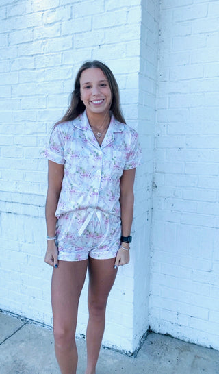 Fancy Love Floral Pajama Set- clothing, Curvy, Fancy, floral, floral pattern, floral print, Floral set, lounge, LOUNGE SET, Loungewear, LOVE, Love shack, Love shack fancy, Loveshack, pajama set, pajama shorts, pajama top, pajamas, Sets-Ace of Grace Women's Boutique