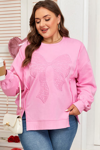 Pink Lace Bow Embroidered Sweatshirt-Plus Size/Plus Size Sweatshirts & Hoodies- All In Stock,BOW,Bow detail,Color Pink,Craft Embroidery,curv,Curvy,Detail Bow,Hot picks,Occasion Daily,PLUS,plus size,Season Fall & Autumn,Style Southern Belle,Tops-Ace of Grace Women's Boutique