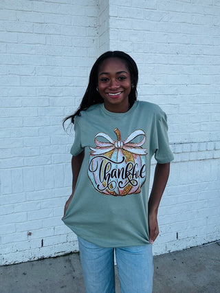 Green Thankful Pumpkin Graphic Tee - LAST ONE (2X)- clothing,Curvy,graphic,graphic T-shirt,GRAPHIC TEE,Graphic Tees,graphic tshirt,plus size graphic tee,Seasonal,thanksgiving,thanksgiving shirt,Tops-Ace of Grace Women's Boutique