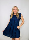 Midnight Blue Ruffle Sleeve Dress- blue dress, church dress, dress, flowy dress, tiered dress-Ace of Grace Women's Boutique