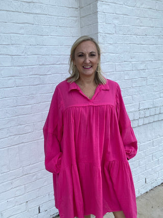 Hot Pink V-Neck Tiered Dress- clothing,dresses & rompers,Guaze,HOT PINK-Ace of Grace Women's Boutique