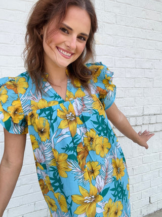 Shirred Floral Print Dress- church dress,colorful dress,dress,dresses & rompers,Dressy,floral dress,flowy dress,plus size dress,summer dress,tiered dress-Ace of Grace Women's Boutique