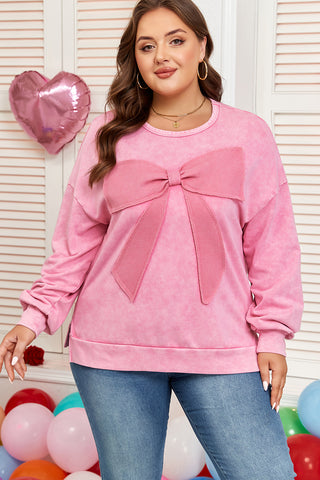 Waffle Patchwork Bow Mineral Wash Pullover-Plus Size/Plus Size Sweatshirts & Hoodies- All In Stock,BOW,Color Pink,Craft Applique,Craft Washed,Curvy,Detail Bow,Fabric Waffle Knit,Hot picks,Occasion Daily,Season Fall & Autumn,Style Casual,Tops-Ace of Grace Women's Boutique