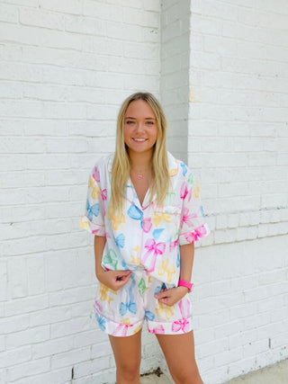 Multi Bow Pajama Set- BOW, Bow detail, bow top, BOWS, clothing, lounge, LOUNGE SET, Loungewear, pajama set, pajama shorts, pajama top, pajamas, ribbon, Ribbons, sleep, SLEEP SET, SLEEP SHORT-Ace of Grace Women's Boutique