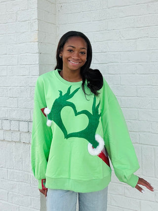 Queen of Sparkles Green Hand Heart Sweatshirt- CHRISTMAS,CHRISTMAS CHEER,CHRISTMAS GRAPHIC TEE,Christmas Longsleeve,CHRISTMAS SHIRT,christmas sweatshirt,Christmas tee,christmas top,curv,Curvy,Grinch,MERRY CHRISTMAS,QUEEN,queen of sparkles,QUEEN OF SPARKLES PLUS SIZE,QUEEN OF SPARKLES SWEATER,QUEEN OF SPARKLES TEE,QUEEN OF SPARKLES TSHIRT,Seasonal,sparkle season,Tops-Ace of Grace Women's Boutique