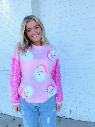 Pink Sequin Santa Top- CHRISTMAS, CHRISTMAS GRAPHIC TEE, Christmas Longsleeve, CHRISTMAS SHIRT, christmas sweatshirt, Christmas tee, christmas top, Christmas tshirt, clothing, Curvy, HOLIDAYS, HOT PINK, LIGHT PINK, MERRY CHRISTMAS, pink, Santa, SANTA BABY, Santa shirt, SANTA’S FAVORITE, Seasonal, SEQUIN, sequin top, SEQUINS, sparkle season, Tops-Ace of Grace Women's Boutique