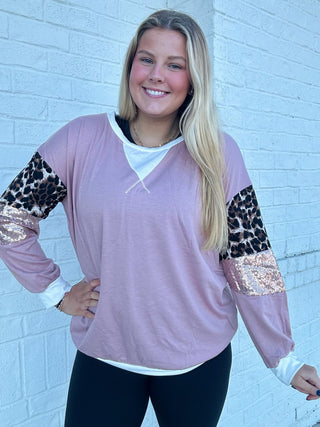 Mauve Leopard Pullover with Sequin accents- CHEETAH,CHEETAH PRINT,Curvy,LEOPARD,SEQUIN,Tops-Ace of Grace Women's Boutique