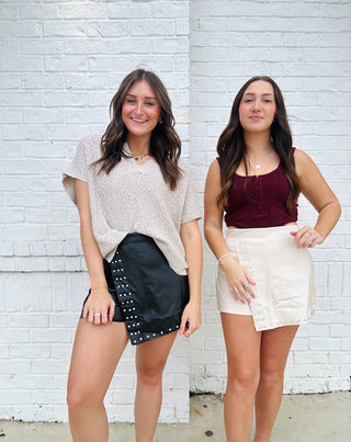 Leather Studded Skort | 2 colors- black leather, BLACK LEATHER SKIRT, black Skort, Bottoms, clothing, cream skort, cream studded skort, faux leather, game, game day, game day skort, game days, gameday, LEATHER, LEATHER SHORTS, leather skirt, LEATHER SKORT, Pleather, skort, wrap skort-Ace of Grace Women's Boutique