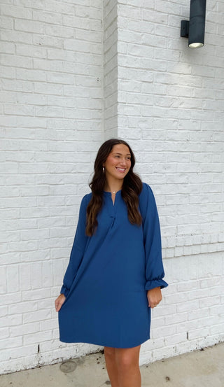 Long Sleeve Dress with Collared Neck- blue dress, church dress, clothing, COLLARED DRESS, Curvy, dress, dresses & rompers, Dressy, FALL, fall clothes, flowy dress, GREEN DRESS, GREEN PLUS SIZE DRESS, NAVY, Navy blue, olive, plus size dress, WOMENS DRESS, WOVEN-Ace of Grace Women's Boutique