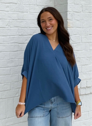 Blue V-neck Puff Sleeve Top- blue,blue top,clothing,Curvy,FALL,fall clothes,fall transition,loose fit,Perfect for work,PUFF,PUFF SLEEVE,puff sleeves,Tops,work,WORK SHIRT,WORK TOP-Ace of Grace Women's Boutique