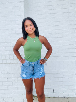 High Rise Button Distressed Denim Shorts- BLUE DENIM,Bottoms,clothing,denim,denim color,denim shorts,DISTRESSED,distressed jeans,fringe shorts,high rise,shorts-Ace of Grace Women's Boutique