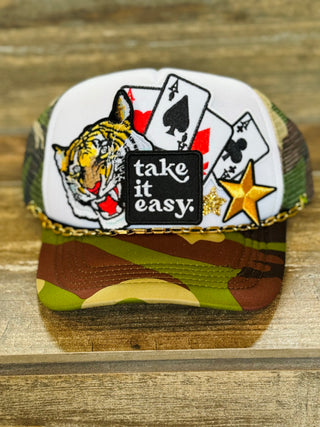 Take It Easy Trucker Hat- Accessories, accessory, camo, camo hat, cap, hair accessory, hats, MadelynnGrace, Pink hat, Take it easy, trucker hat, trucker hats-Camo-Ace of Grace Women's Boutique