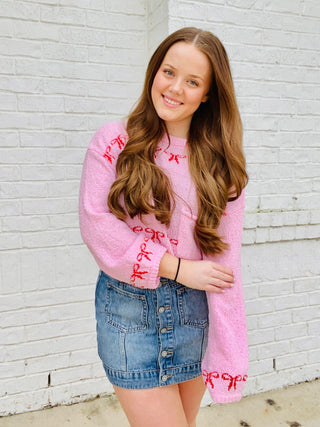 Pink & Red Coquette Bow Sweater- BOW, Bow detail, bow sweater, BOWS, clothing, DATE NIGHT, HEART, ribbon, Ribbons, Seasonal, Tops, VALENTINE, valentine pullover, VALENTINES, VALENTINES GIFT, VALENTINES TOP-Ace of Grace Women's Boutique