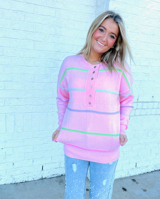 Pink Striped Sweater- BIRTHDAY SWEATER, clothing, Curvy, fuzzy sweater, oversized sweater, pastels, pink sweater, plus size sweater, Stripe, STRIPED, SWEATER, sweater top, sweaters, Tops-Ace of Grace Women's Boutique