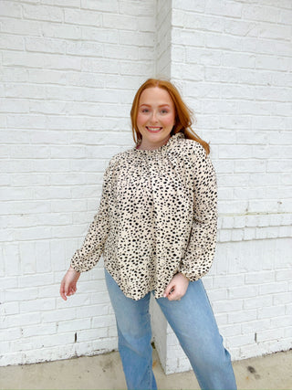 Dalmatian Top | 2 Colors- animal, ANIMAL PRINT, BLACK, clothing, CREAM, Curvy, Dalmation, DATE NIGHT, Perfect for work, Spotted, Tops, work, WORK SHIRT, WORK TOP-Ace of Grace Women's Boutique