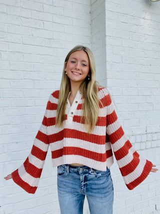 Striped Bell Sleeve Sweater- BEIGE, BLACK, black sweater, brown sweater, button up sweater, clothing, cream sweater, CROCHET SWEATER, knit sweater, leopard sweater, Rust, Stripe, STRIPED, STRIPED SWEATER, SWEATER, sweaters, Tops-Ace of Grace Women's Boutique