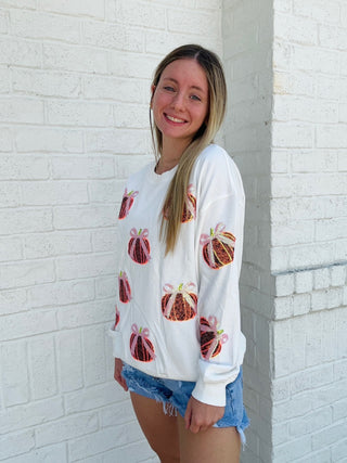 Sequin Pumpkin Bow Sweatshirt- Curvy,FALL,HALLOWEEN,oversized,PLUS,pumpkin,pumpkins,Seasonal,Tops-Ace of Grace Women's Boutique