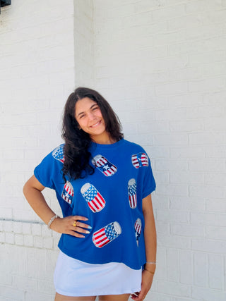 Patriotic Drink Can Embellished Top- 4th of july,AMERICAN FLAG,July,July 4,July 4th,oversized,OVERSIZED TEE,OVERSIZED TOP,patriotic,Red white blue,Seasonal,SEQUIN,Tops-Ace of Grace Women's Boutique