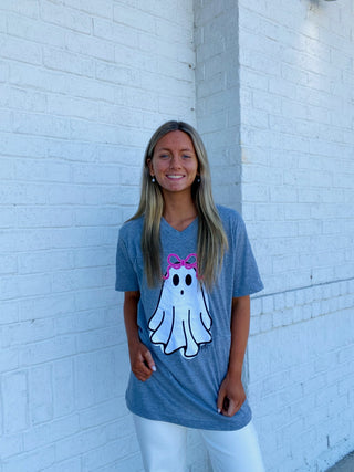 Cutest Ghost V-neck Tee- BOW, Bow detail, bow top, Curvy, ghost, ghosts, GLITTER, graphic, graphic T-shirt, GRAPHIC TEE, Graphic Tees, graphic tshirt, HALLOWEEN, halloween shirt, Halloween tshirt, ribbon, Ribbons, Seasonal, Tops-Ace of Grace Women's Boutique