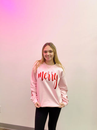 Foil Merry Bow Sweatshirt- clothing, Curvy, merry, MERRY CHRISTMAS, MERRY CHRISTMAS Y’ALL, oversized sweatshirt, Seasonal, sweatshirt, SWEATSHIRTS, Tops-Ace of Grace Women's Boutique