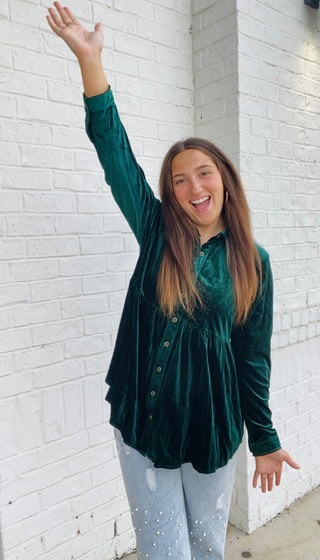 Green Velvet Tunic Top- CHRISTMAS, christmas dress, Christmas Longsleeve, CHRISTMAS SHIRT, christmas top, clothing, emerald green, GREEN, Green shirt, green top, MERRY CHRISTMAS, Seasonal, Tops, velvet, velvet top-Ace of Grace Women's Boutique