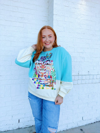 Queen of Sparkles Gingerbread House Sweatshirt- candy cane queen, clothing, Curvy, Gingerbread, holiday, HOLIDAYS, QUEEN, queen of sparkles, QUEEN OF SPARKLES PLUS SIZE, QUEEN OF SPARKLES SWEATER, QUEEN OF SPARKLES TEE, QUEEN OF SPARKLES TSHIRT, Seasonal, SEQUIN, sequin dress, sequin top, SEQUINS, sparkle season, Tops-Ace of Grace Women's Boutique