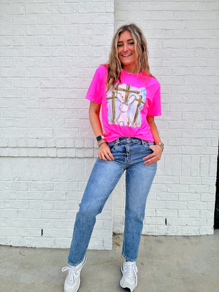 Neon Pink Easter Bunny Cross Tee- clothing,COMFORT COLOR,Curvy,Easter,EASTER GRAPHIC TEE,Graphic Tees,HOT PINK TEE,Seasonal,TEE,tee shirt,Tops-Ace of Grace Women's Boutique